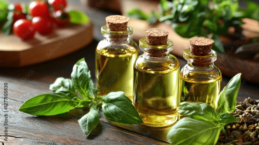 Three small glass bottles of basil essential oil with fresh basil leaves and cherry tomatoes on a wooden table. Three small glass bottles of basil essential oil with fresh basil leaves and cherry tomatoes on a wooden table.