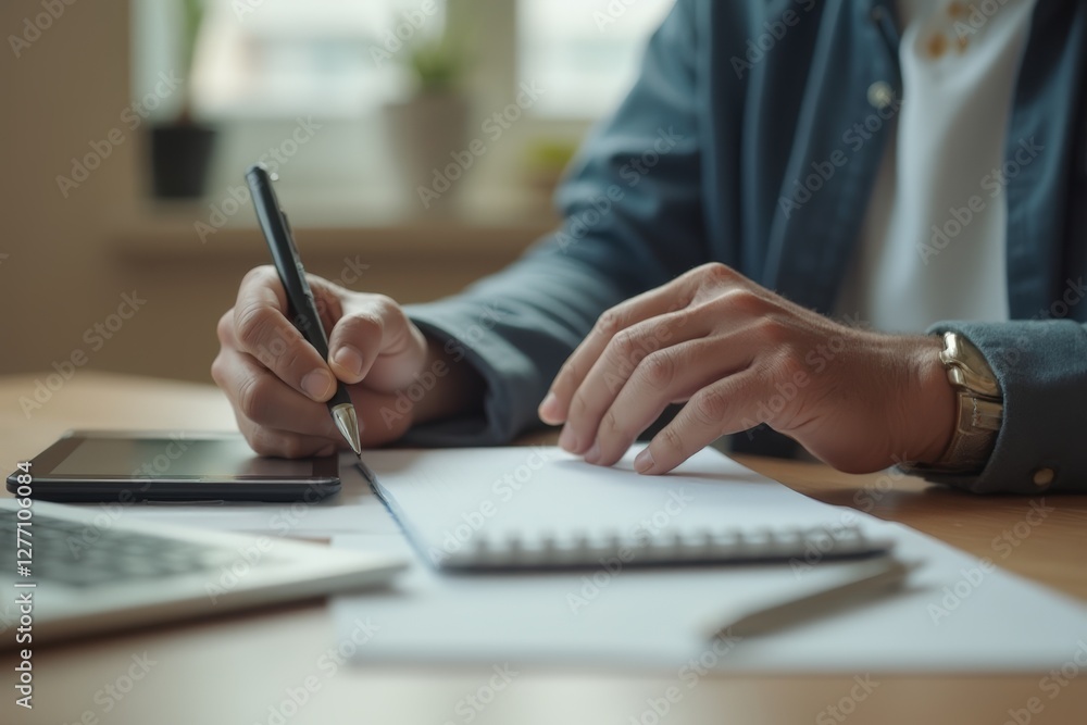Close view of Mature man's hand writing in a notebook and using a tablet at a home office Close view of Mature man's hand writing in a notebook and using a tablet at a home office