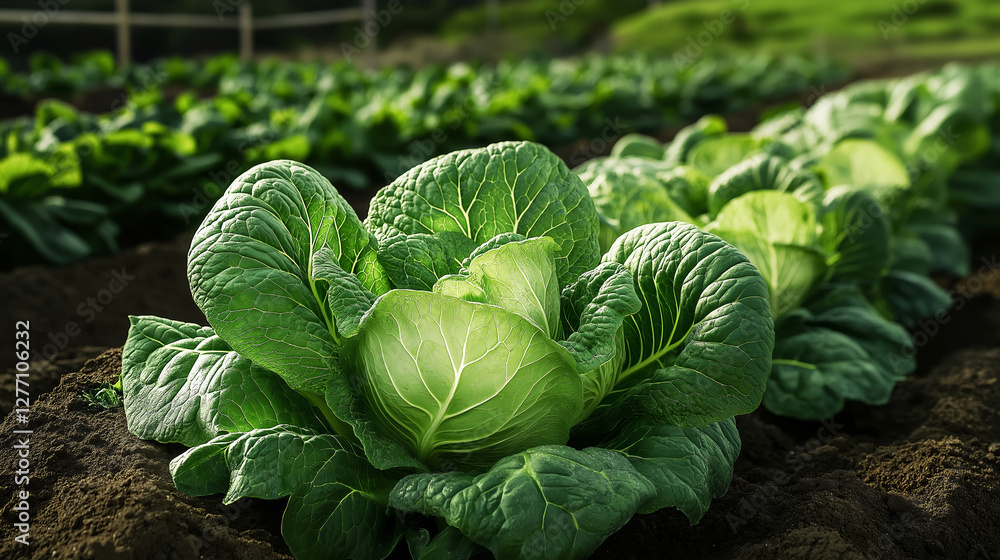 Fototapeta premium Cabbage growing in fertile soil on agricultural field plantation