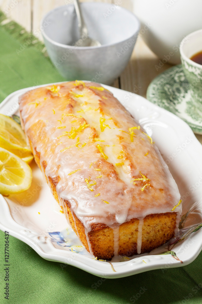 Aromatic lemon cake, covered with sugar icing and sprinkled with zest, served with tea.