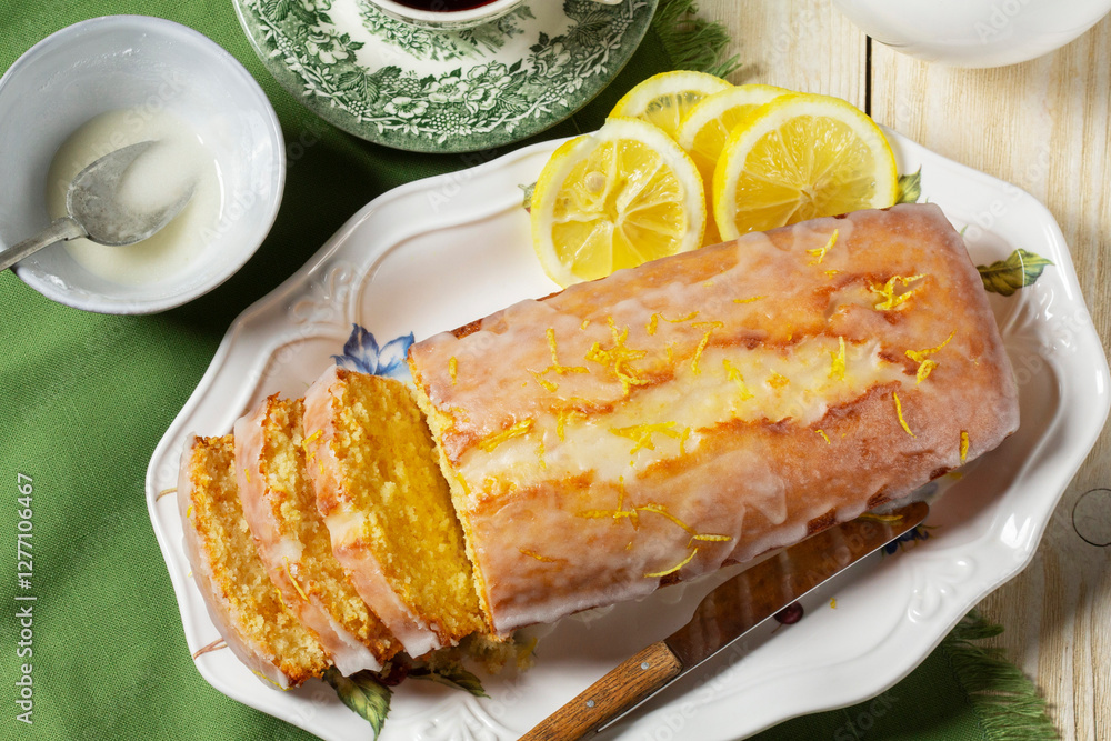 Aromatic lemon cake, covered with sugar icing and sprinkled with zest, served with tea.