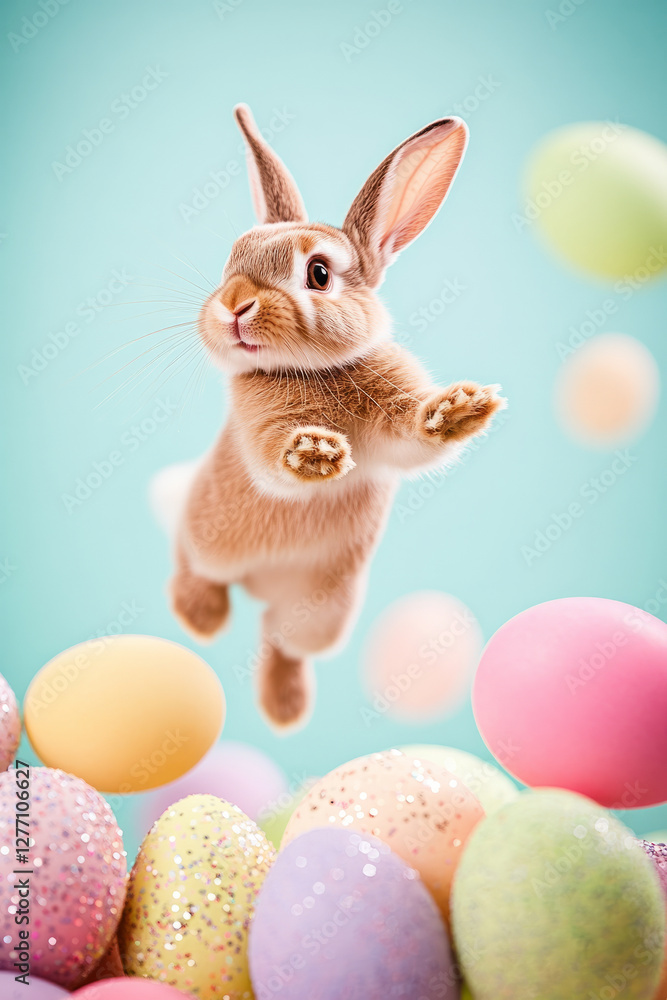 Fototapeta premium A playful Easter Bunny jumping into a pile of soft, pastel-colored Easter eggs, creating a joyful splash of vibrant hues and sparkles.
