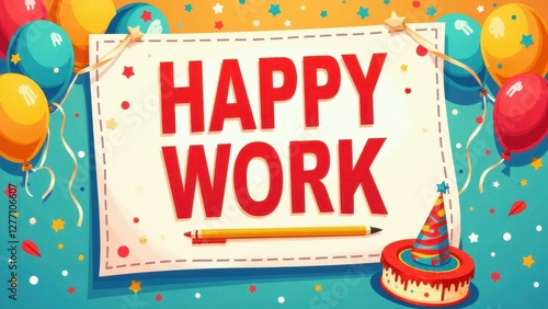 Obraz na płótnie Colorful celebration with balloons, confetti, and a cake, perfect for a happy work anniversary funny card. w salonie