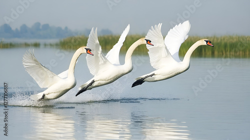 Three graceful swans taking off in flight over a serene water surface in a natural landscape