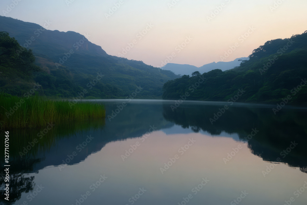 A tranquil mountain lake at sunrise with calm, glass-like reflections and soft pastel sky hues. A tranquil mountain lake at sunrise with calm, glass-like reflections and soft pastel sky hues.