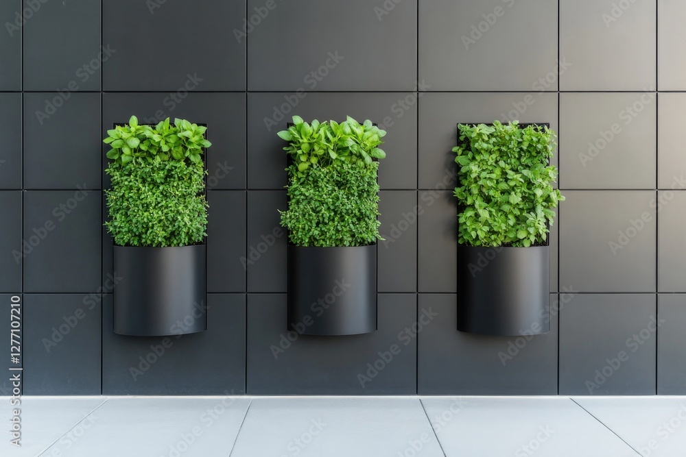 Fototapeta premium Lush greenery in sleek cylindrical pots contrasts beautifully wi