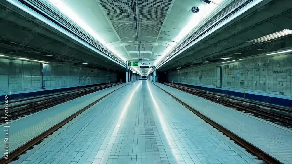 Empty Subway Platform and Tracks in Modern Underground Station Illuminated by Fluorescent Lights Concept of Urban Commute, Public Transportation, City Infrastructure Empty Subway Platform and Tracks in Modern Underground Station Illuminated by Fluorescent Lights Concept of Urban Commute, Public Transportation, City Infrastructure
