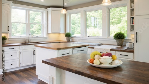 A bright kitchen with large windows, white cabinets, and wooden countertops, featuring a bowl of fruit on the island.