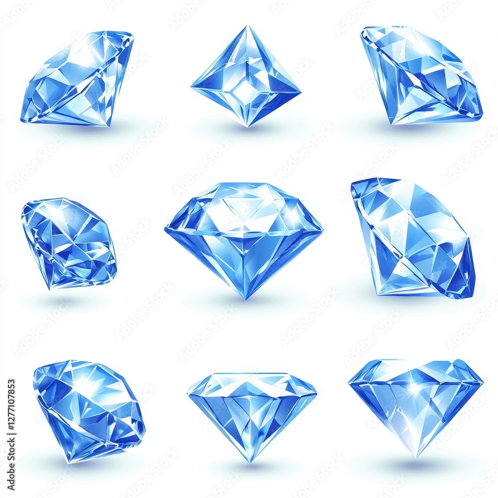 Various brilliant blue diamonds of different cuts and shapes arranged aesthetically on a white background Various brilliant blue diamonds of different cuts and shapes arranged aesthetically on a white background