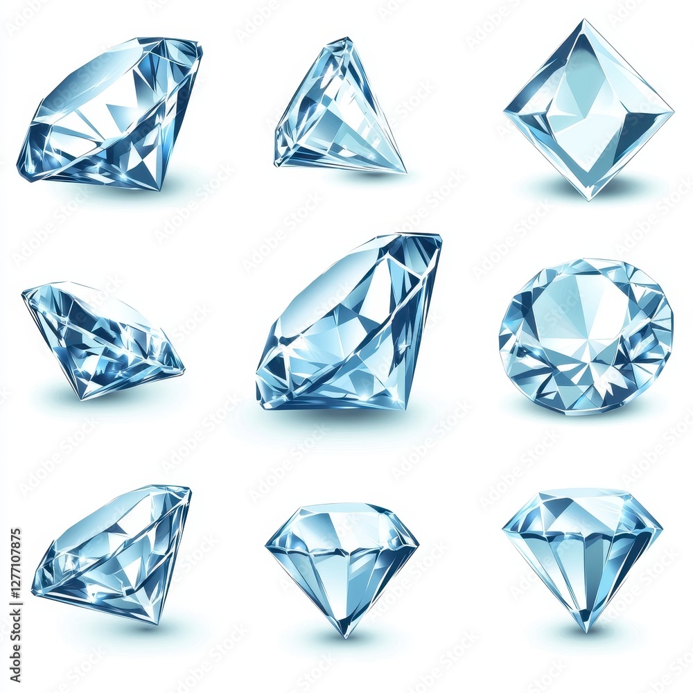 Various brilliant blue diamonds of different cuts and shapes arranged aesthetically on a white background Various brilliant blue diamonds of different cuts and shapes arranged aesthetically on a white background