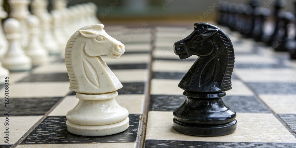 Chess pieces in a strategic face-off on a checkered board during a thoughtful game session