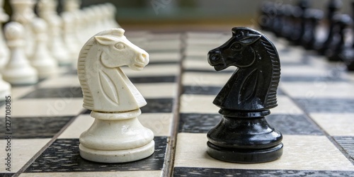Obraz na płótnie Chess pieces in a strategic face-off on a checkered board during a thoughtful game session w salonie