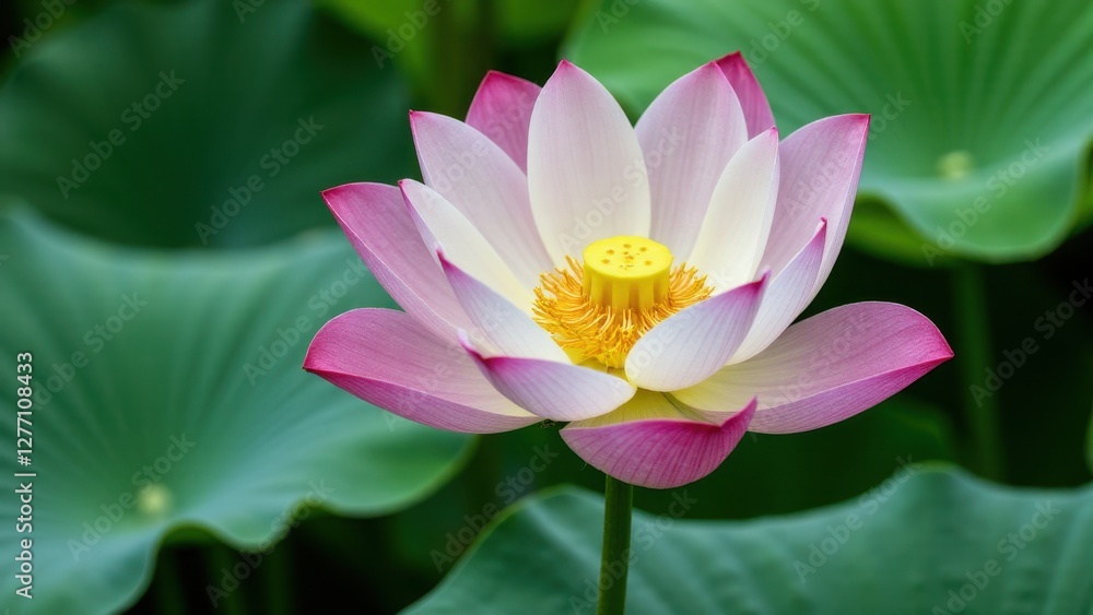 A beautiful lotus pod surrounded by vibrant pink and white petals with green leaves in the background. A beautiful lotus pod surrounded by vibrant pink and white petals with green leaves in the background.