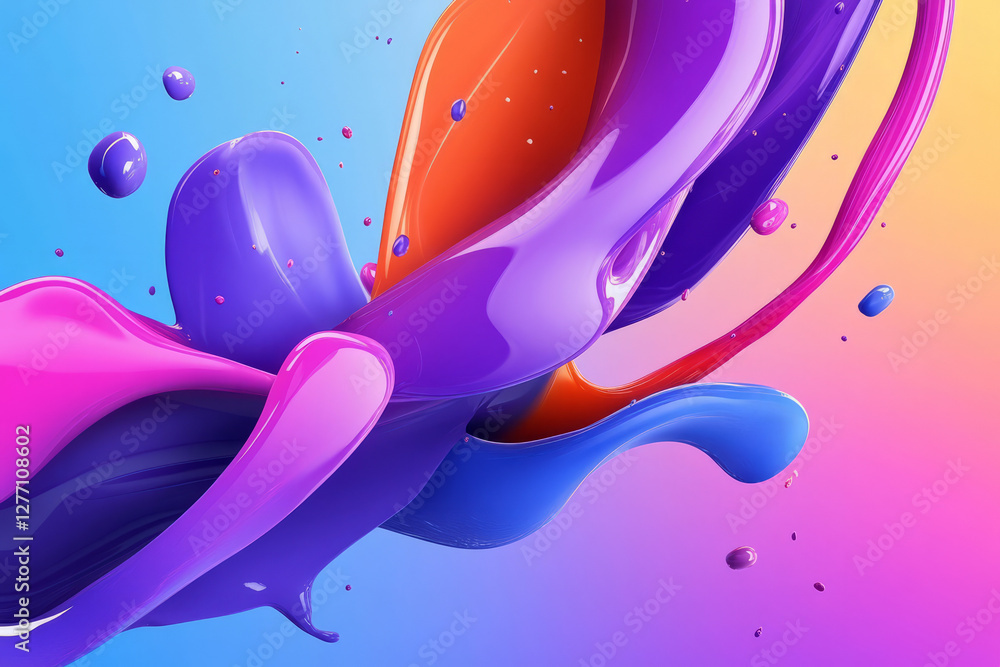 Obraz premium Surreal abstract background featuring colorful splatters of paint, fluid organic shapes blending into each other, and gradients of lavender and chambray blue to create a dream-like and imaginative