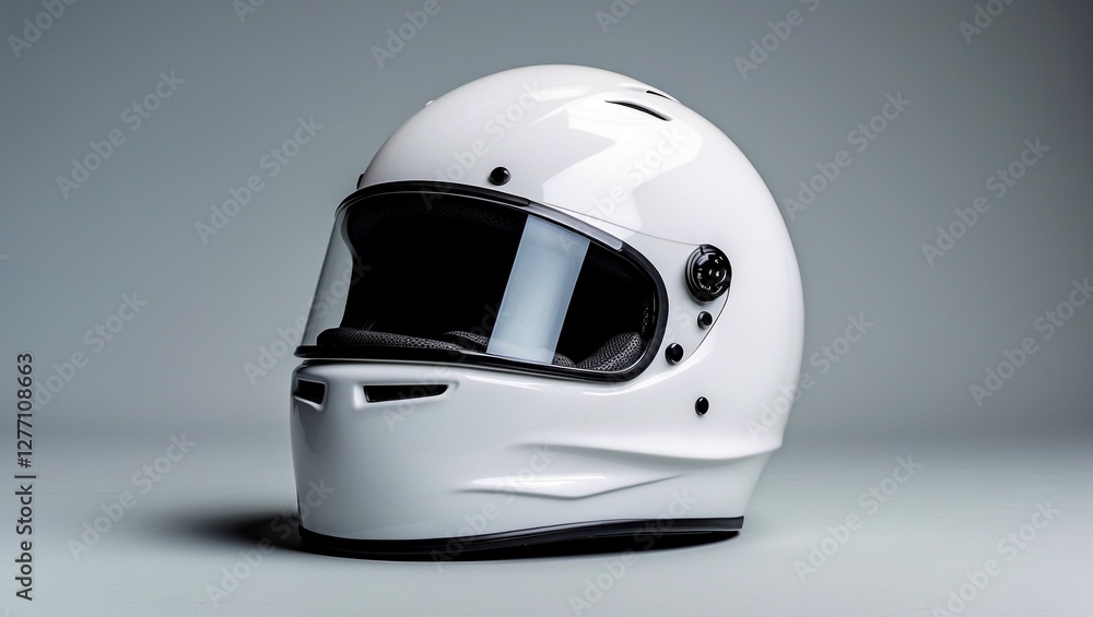 Glossy white racing helmet on grey surface Glossy white racing helmet on grey surface