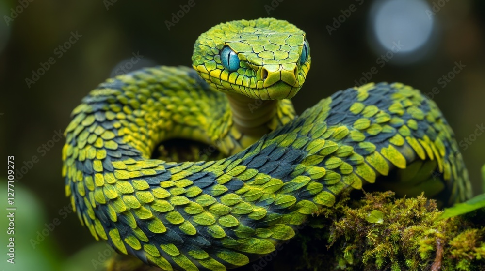 Fototapeta premium Stunning green and black-scaled snake coiled on moss in a tropical forest