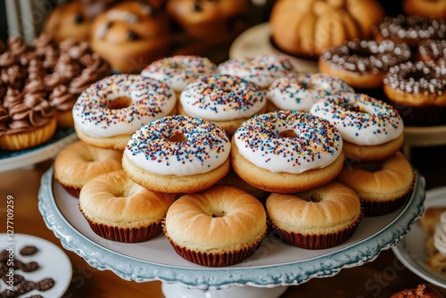 Wallpaper Mural A detailed view of a plate showcasing colorful donuts adorned with a variety of sprinkles, highlighting their tempting texture and vibrant appearance. Torontodigital.ca