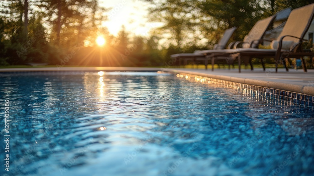Sunset pool view, backyard patio, lounge chairs, tranquil scene Sunset pool view, backyard patio, lounge chairs, tranquil scene