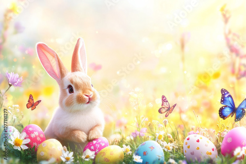 Wallpaper Mural A playful Easter Bunny surrounded by vibrant, colorful Easter eggs, hopping through a field of soft, glowing flowers and butterflies. Torontodigital.ca