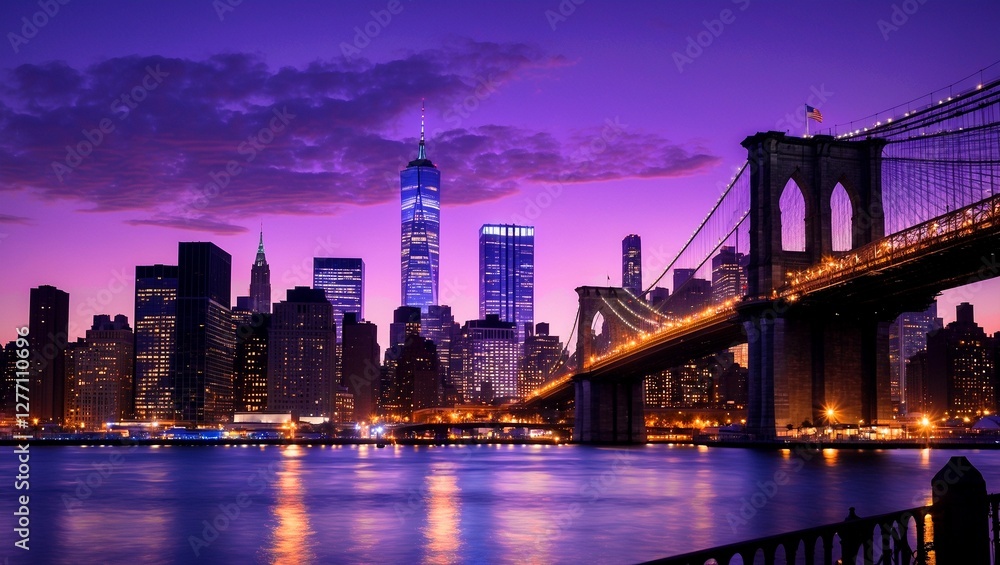 Naklejka premium New york city skyline dusk with historic bridge