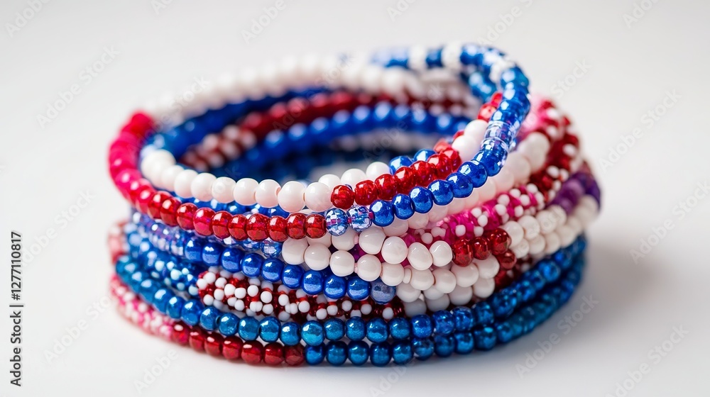 A stack of blue, red, white, and pink beaded friendship bracelets sits neatly, symbolizing bonds of friendship.
A stack of blue, red, white, and pink beaded friendship bracelets sits neatly, symbolizing bonds of friendship.