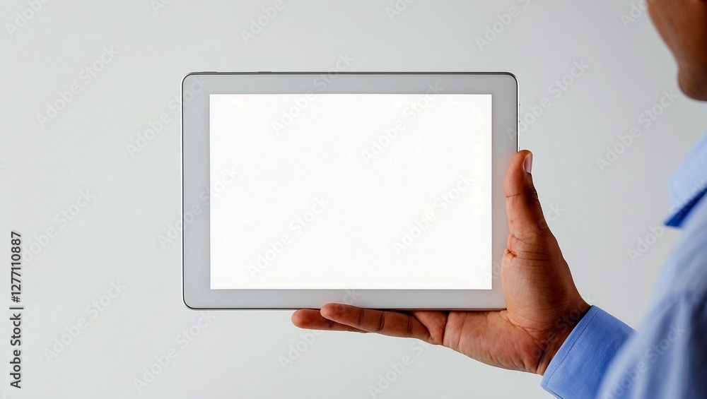 Person holding tablet with blank white screen Person holding tablet with blank white screen