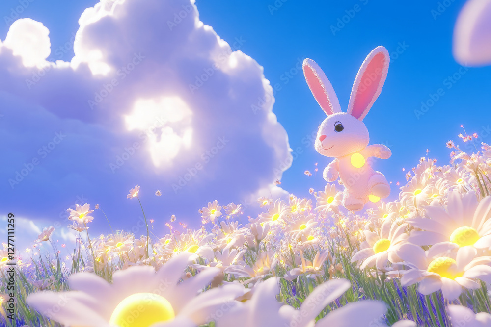 Fototapeta premium A springtime Easter Bunny playing hide-and-seek with glowing eggs, jumping through a field of fresh daisies under a bright blue sky.