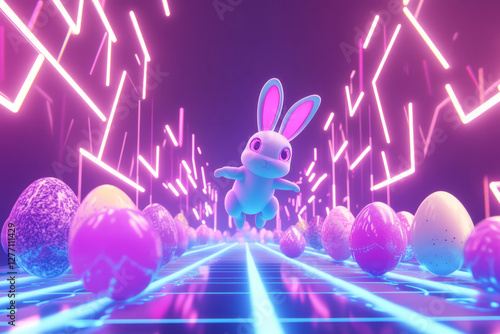 A neon-colored Easter Bunny leaping through a retro-futuristic landscape, with glowing Easter eggs arranged in mesmerizing geometric patterns. photo