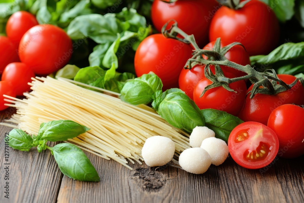 Fresh tomatoes, creamy mozzarella, and fragrant basil arranged beautifully on a rustic wooden table, showcasing vibrant colors and textures. Fresh tomatoes, creamy mozzarella, and fragrant basil arranged beautifully on a rustic wooden table, showcasing vibrant colors and textures.