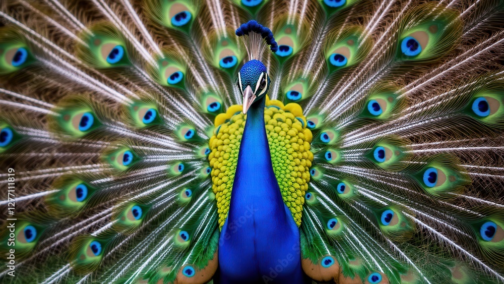 Obraz premium A vibrant peacock with its feathers fully fanned out, showcasing its colorful plumage, perfect for a peacock wallpaper.