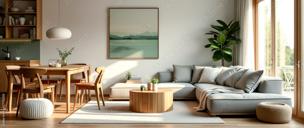 Obraz premium modern living room interior with a light grey sectional sofa and wooden furniture