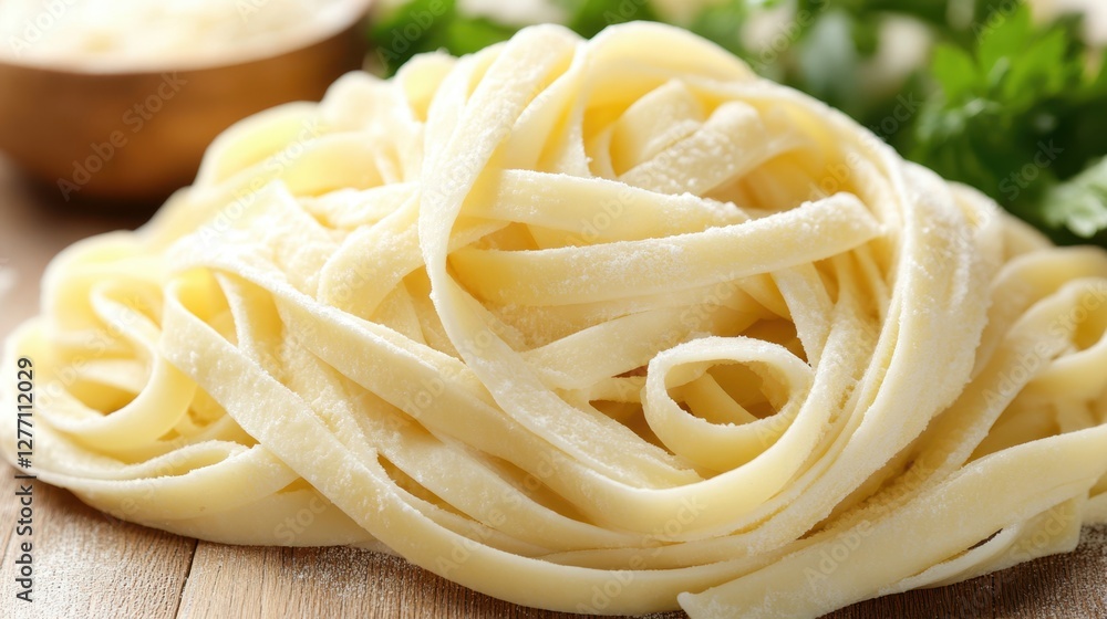 A plate of arched pasta garnished with fresh parsley, elegantly presented on a rustic wooden table, showcasing a delightful culinary arrangement. A plate of arched pasta garnished with fresh parsley, elegantly presented on a rustic wooden table, showcasing a delightful culinary arrangement.