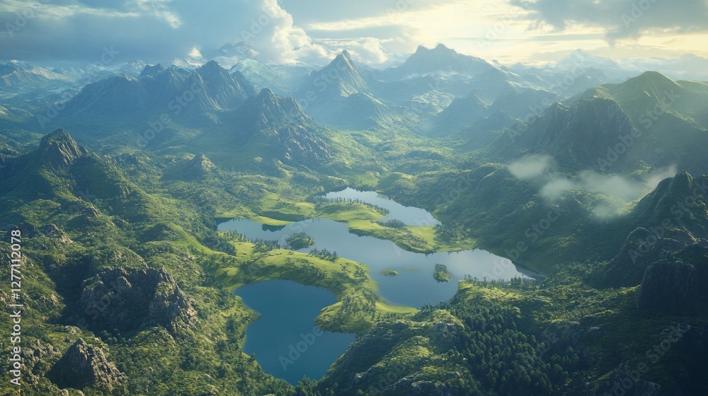 Serene mountain lake landscape with lush greenery and misty peaks. Serene mountain lake landscape with lush greenery and misty peaks.