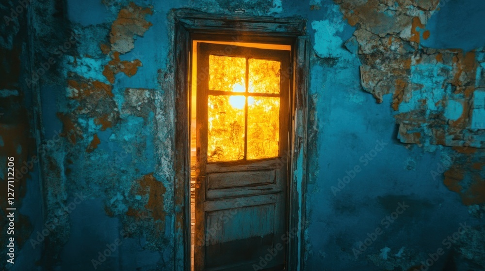 Sunlit doorway in a dilapidated, teal-walled room. Sunlit doorway in a dilapidated, teal-walled room.