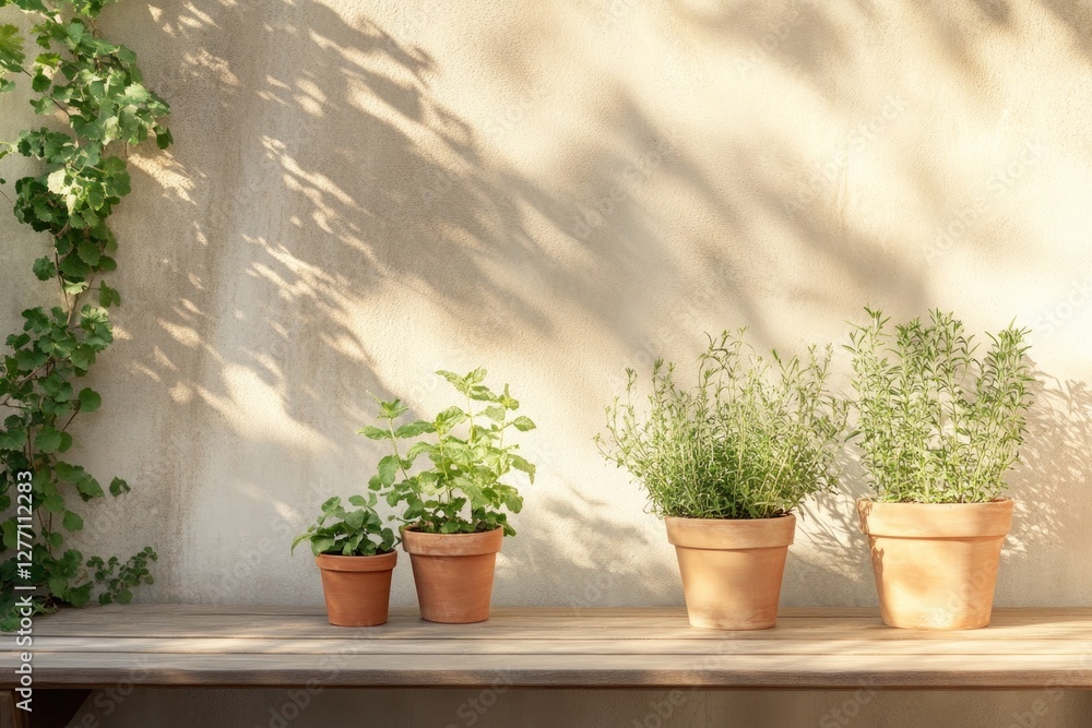 Green herbs in terracotta pots arranged on wooden shelf against Green herbs in terracotta pots arranged on wooden shelf against