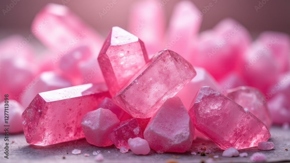 A collection of vibrant pink crystals with various shapes and sizes, showcasing their translucent and faceted surfaces. A collection of vibrant pink crystals with various shapes and sizes, showcasing their translucent and faceted surfaces.