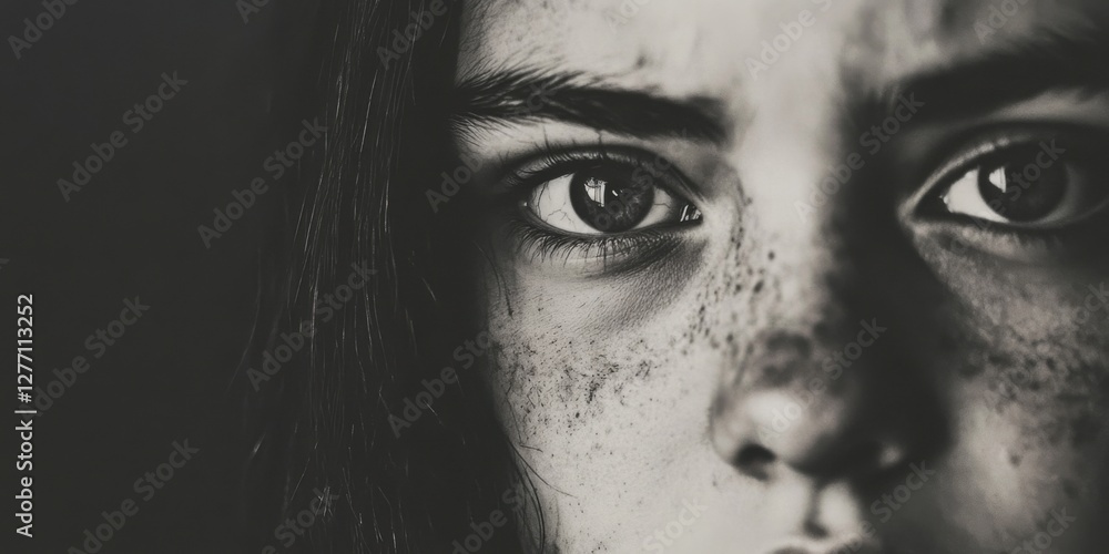 Fototapeta premium A captivating portrait of a young person with charming freckles and striking deep eyes
