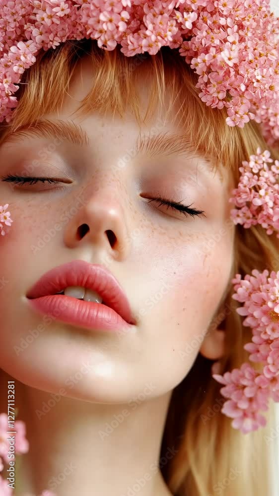 Beautiful close-up of a model with delicate flowers framing her face in a serene outdoor setting during springtime Beautiful close-up of a model with delicate flowers framing her face in a serene outdoor setting during springtime