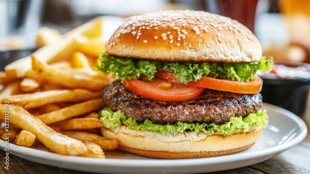 A detailed close-up of a hamburger topped with fresh ingredients, accompanied by crispy fries on a clean white plate, showcasing appetizing textures and colors. A detailed close-up of a hamburger topped with fresh ingredients, accompanied by crispy fries on a clean white plate, showcasing appetizing textures and colors.