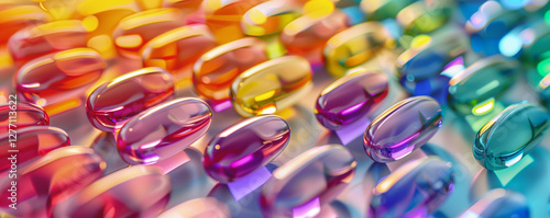 Colorful assorted pharmaceutical capsules on a vibrant background.