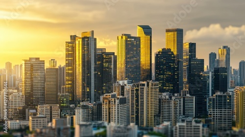 A vibrant cityscape showcasing a large urban area filled with towering skyscrapers, reflecting modern architecture and bustling city life.