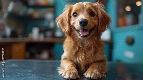 A cheerful dog with fluffy golden fur lying on a table, exuding warmth and friendliness in a cozy indoor setting. photo