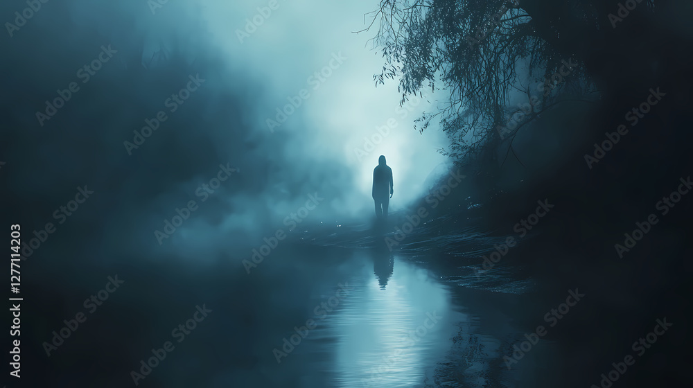 Mysterious misty figure in the shadowy depths of twilight. Ethereal Ghostly Apparitions. Illustration