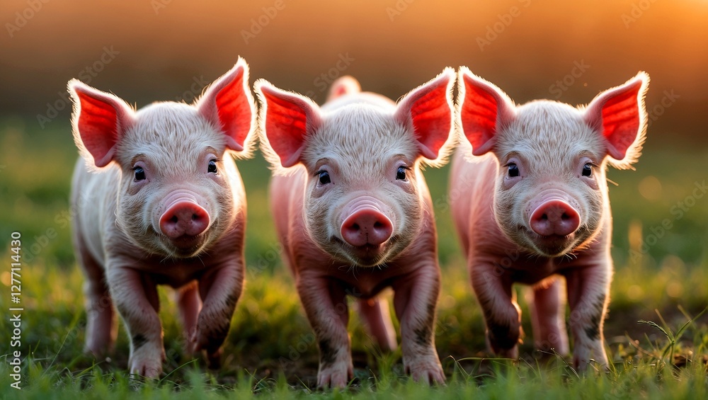 Three adorable piglets playing in a serene field Three adorable piglets playing in a serene field