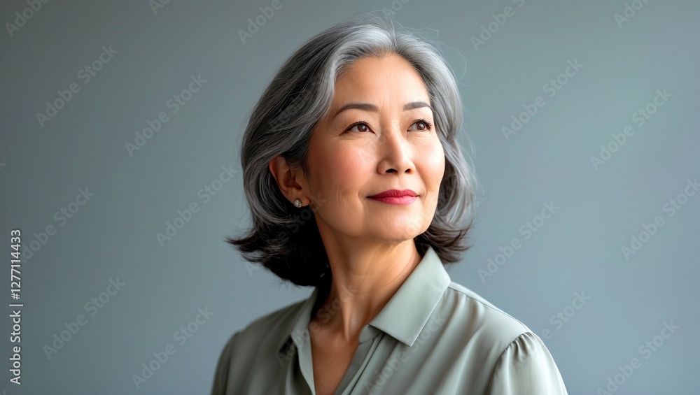 Thoughtful mature woman in solid blouse against gray backdrop Thoughtful mature woman in solid blouse against gray backdrop