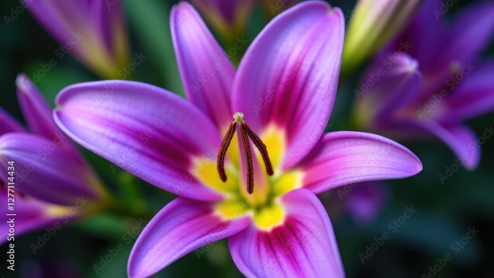 A close-up of a vibrant purple lily with yellow and pink accents, showcasing its detailed petals and stamens. A close-up of a vibrant purple lily with yellow and pink accents, showcasing its detailed petals and stamens.