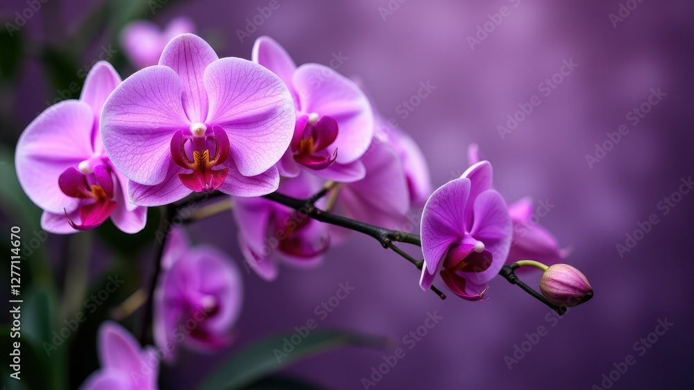 A close-up of beautiful purple orchids with delicate petals and a blurred purple background. A close-up of beautiful purple orchids with delicate petals and a blurred purple background.