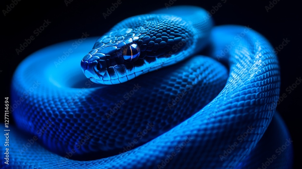 Fototapeta premium Striking blue snake coiled in dramatic lighting with piercing eyes