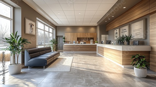 A spacious and modern veterinary clinic lobby featuring a comfortable sofa, plants, and a reception desk. Natural light fills the area, creating a welcoming atmosphere.