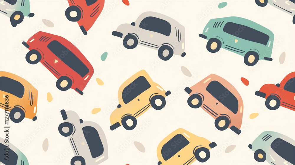 Naklejka premium Colorful hand-drawn cars pattern on a light background.